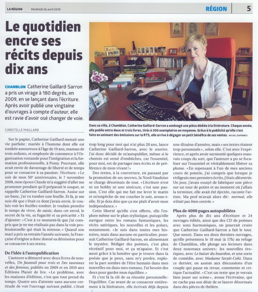 La Région 26.4.19, journal du Nord vaudois, article dur Catherine Gaillard-Sarron